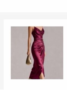 SHEIN Wine Satin Draped Midi Slip Dress